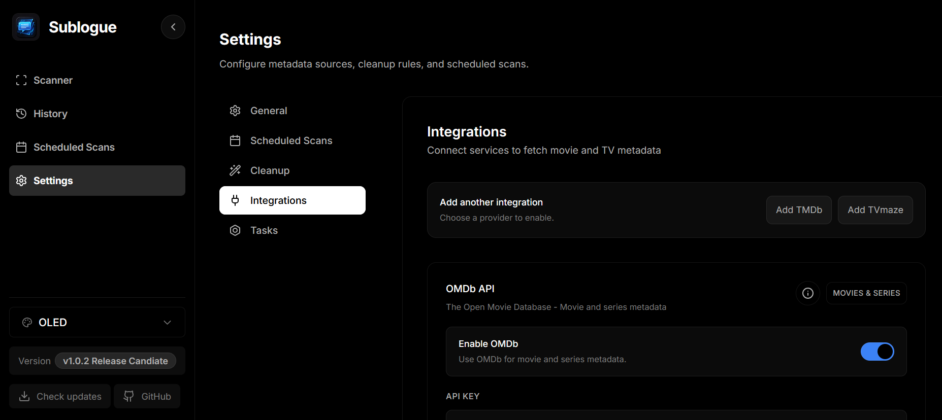 Settings panel